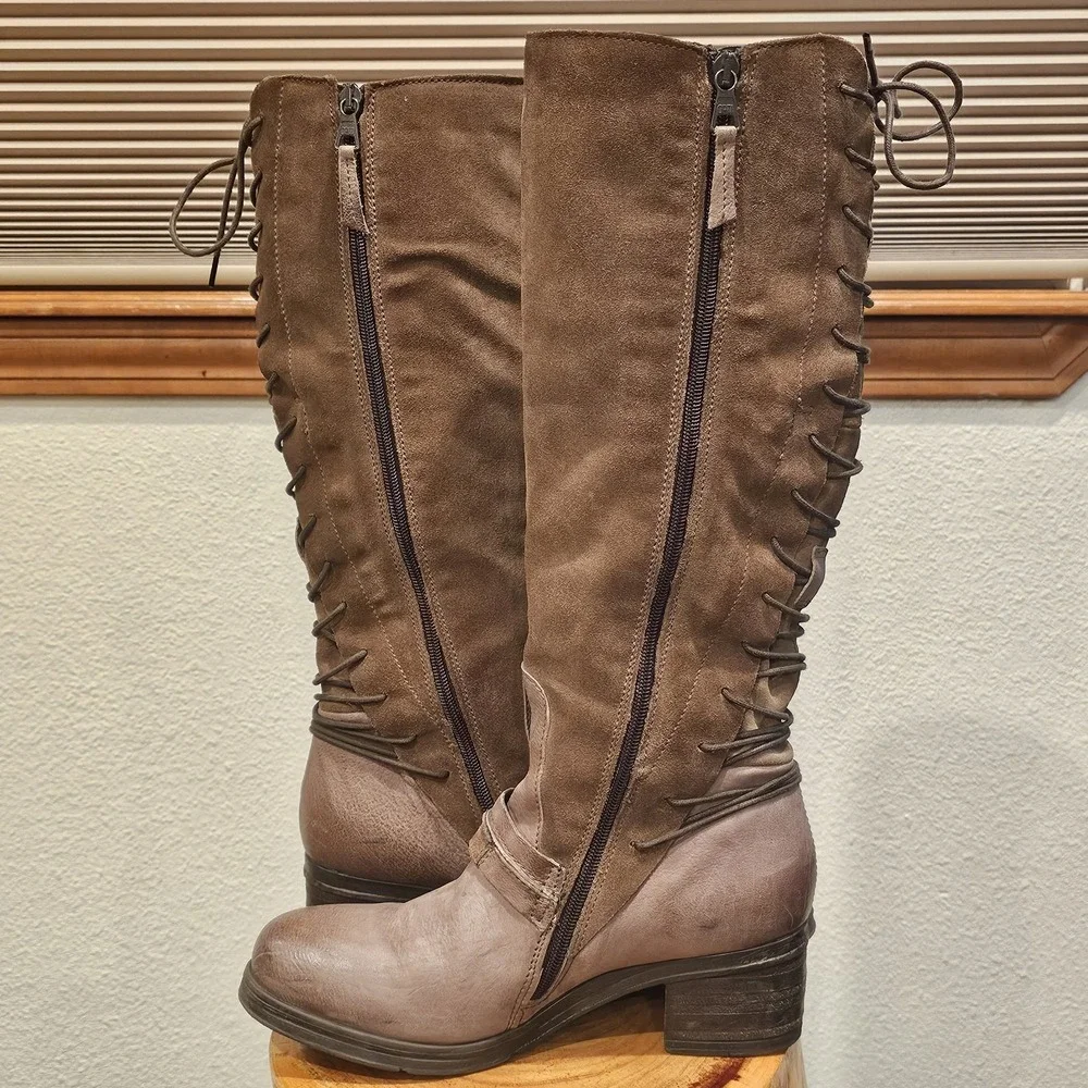 Miz Mooz Shankara Tall Brandy Leather Boots Side Zip Back Lace EU 40/US 9.5-10‎
